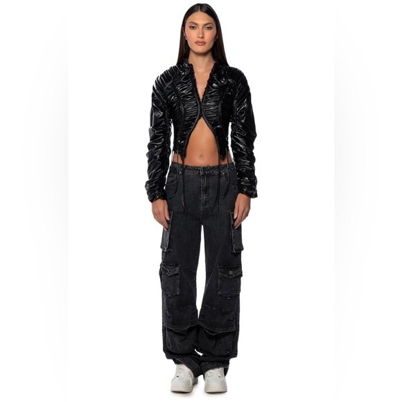 Akira, Black INTO THE MATRIX FAUX LEATHER RUCHED BLOUSE Jacket, Size M - Picture 5 of 8